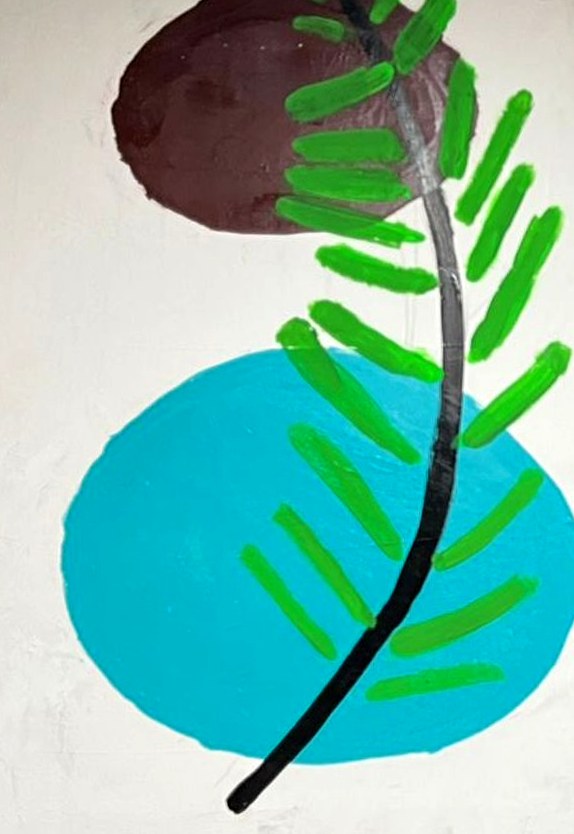 A curving green fern over a brown circle and a turquoise circle on white