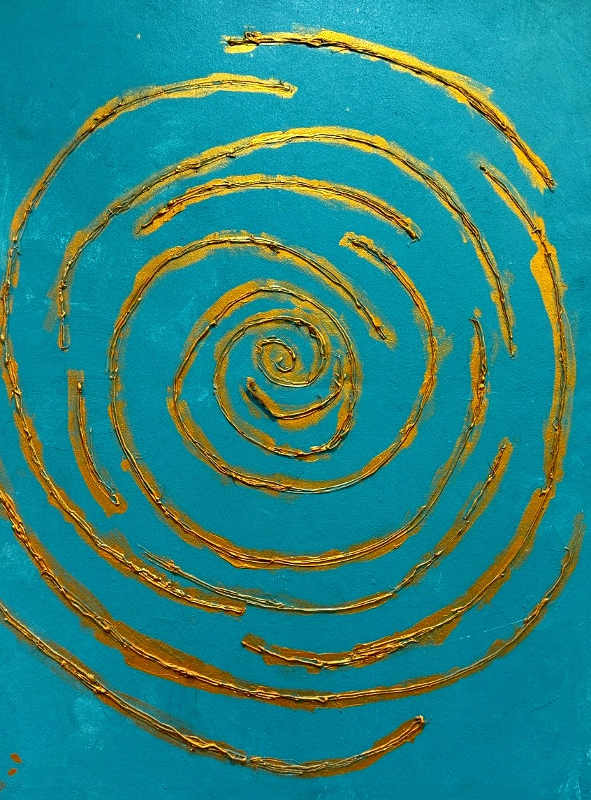 Raised gold lines spiralling outward on a turquoise canvas