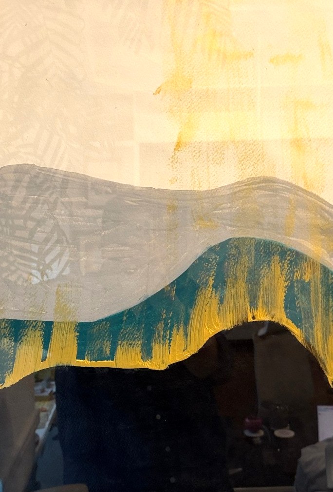 Layered hills in grey, teal and gold over a black foreground on white paper