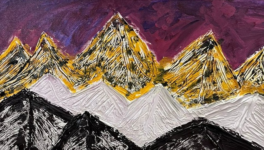 A range of gold mountains over white snow and black foothills, under a purple sky, with heavy knife texture