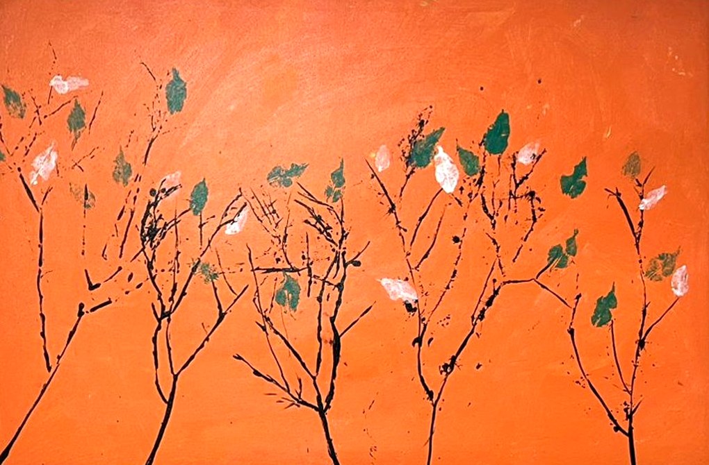 Thin black trees with small green and white leaf prints on a bright orange canvas