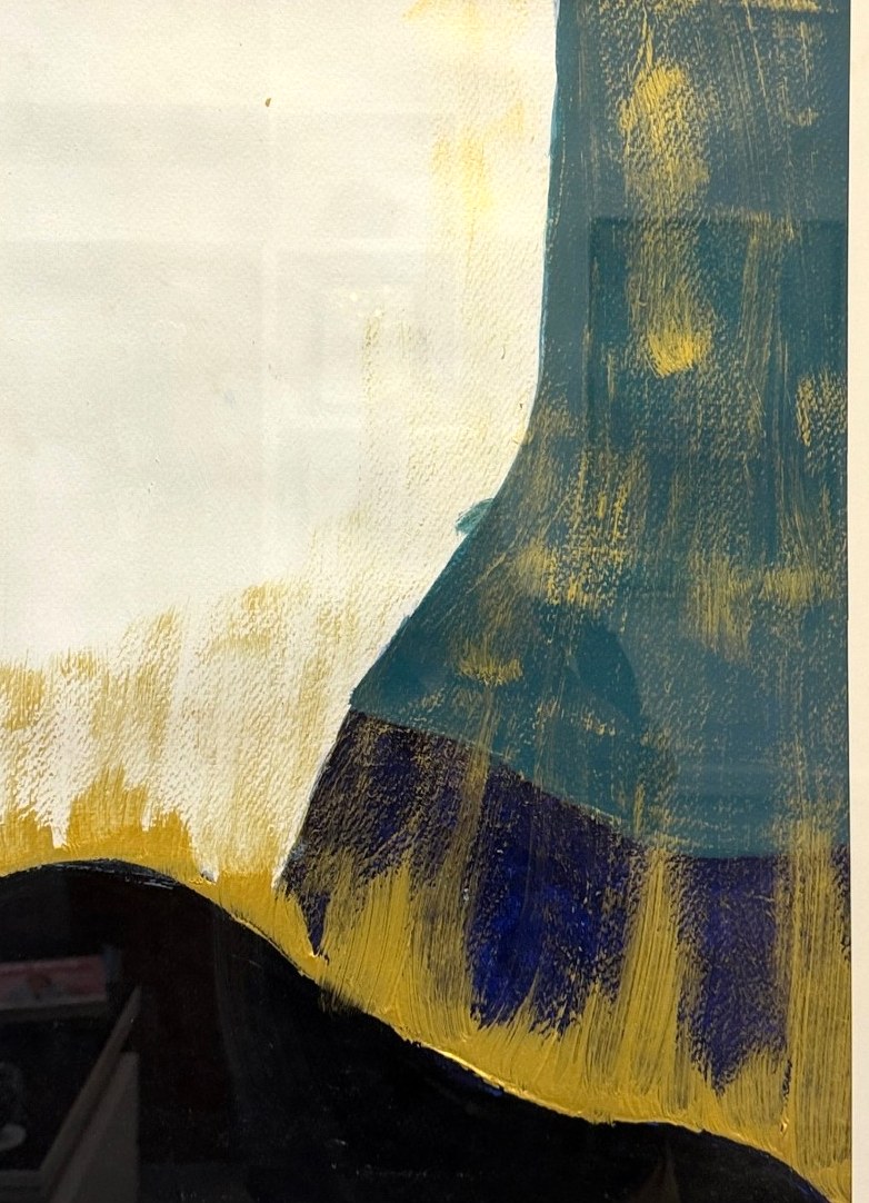 A tall teal and indigo form brushed with gold rising from a black hill on white paper