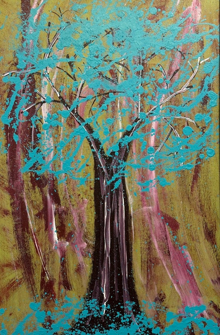 A dark tree whose canopy is splattered turquoise paint, against olive and pink brushstrokes